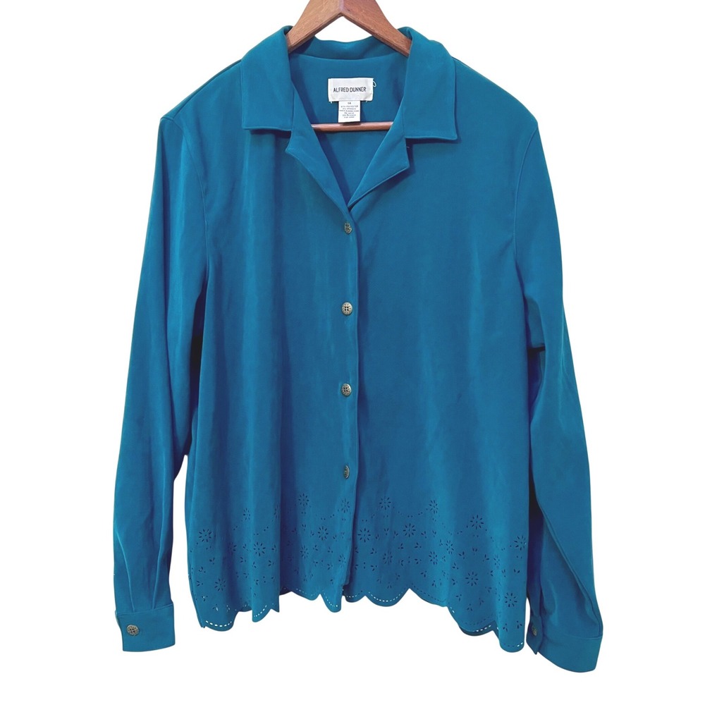 Alfred Dunner Women Teal Blue Button Down Shirt Eyelet Trim Long Sleeve Size 14